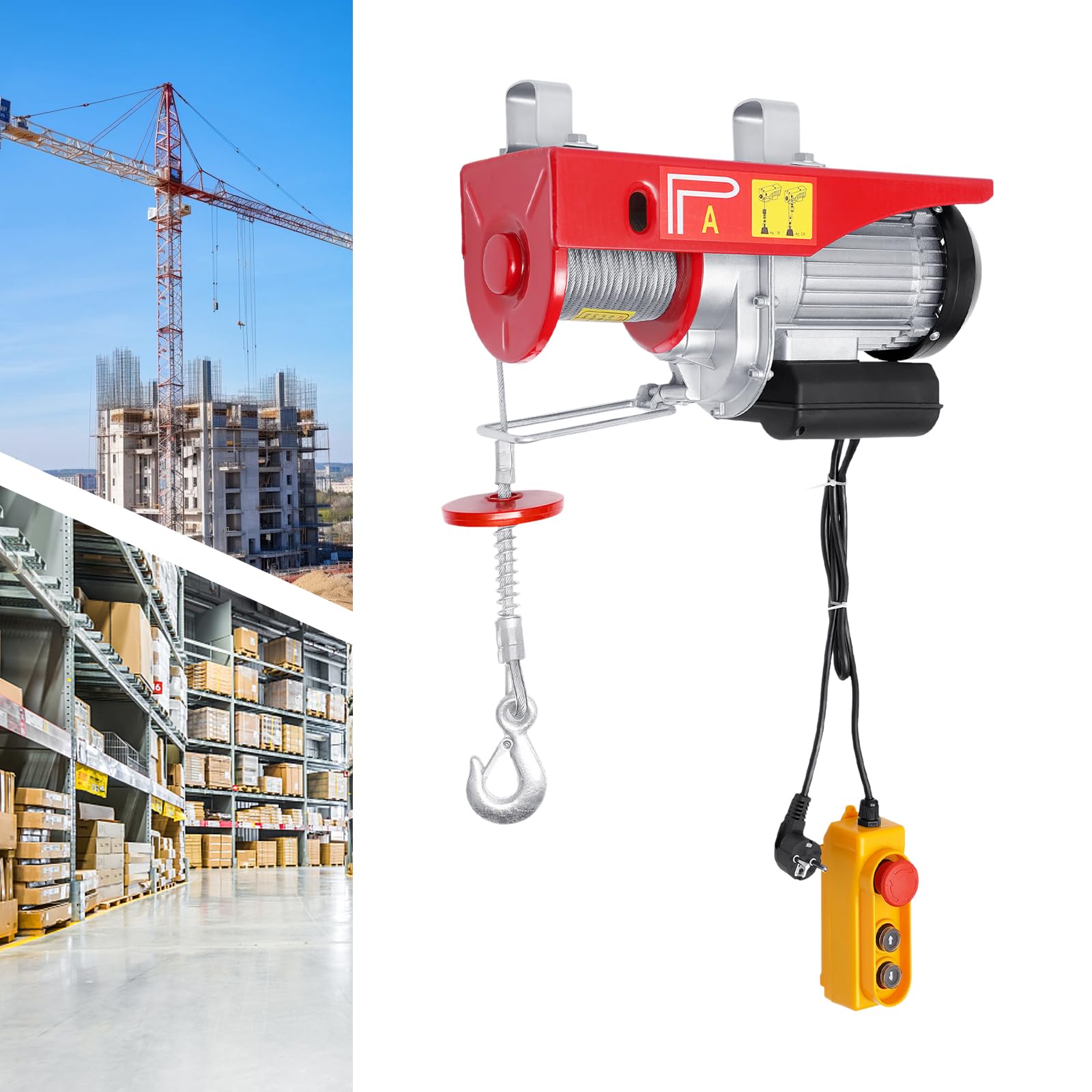 Elektrische Seilwinde 400kg bis 800kg Hubhöhe 10m Seilzug Motorwinde 1450W Kupfermotor Flaschenzug 10m/min Hubgeschwindigkeit Hebezug Seilhebezug Kettenzug für Werkstatt/Lager/Garage