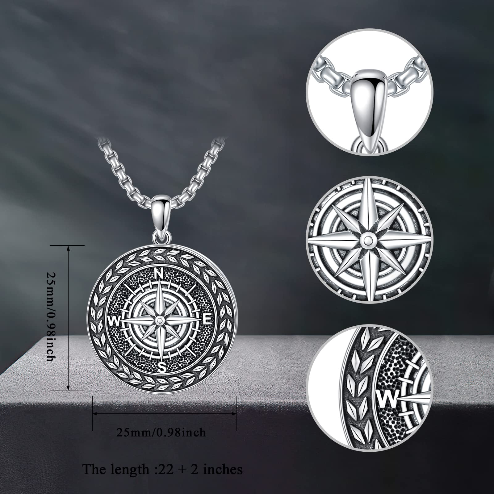Kompass Kette 925 Sterling Silber Anhänger Halskette Oxidierter Schwarz Schmuck Geschenk für Herren Männer Jungen