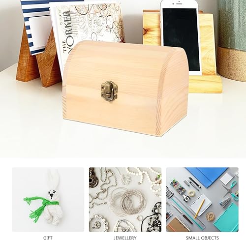 Miniatura 7 de Hemoton Caja de madera sin acabar, cofre del tesoro de madera sin terminar, caja de joyería de recuerdo con cerradura, almacenamiento de tesoros de