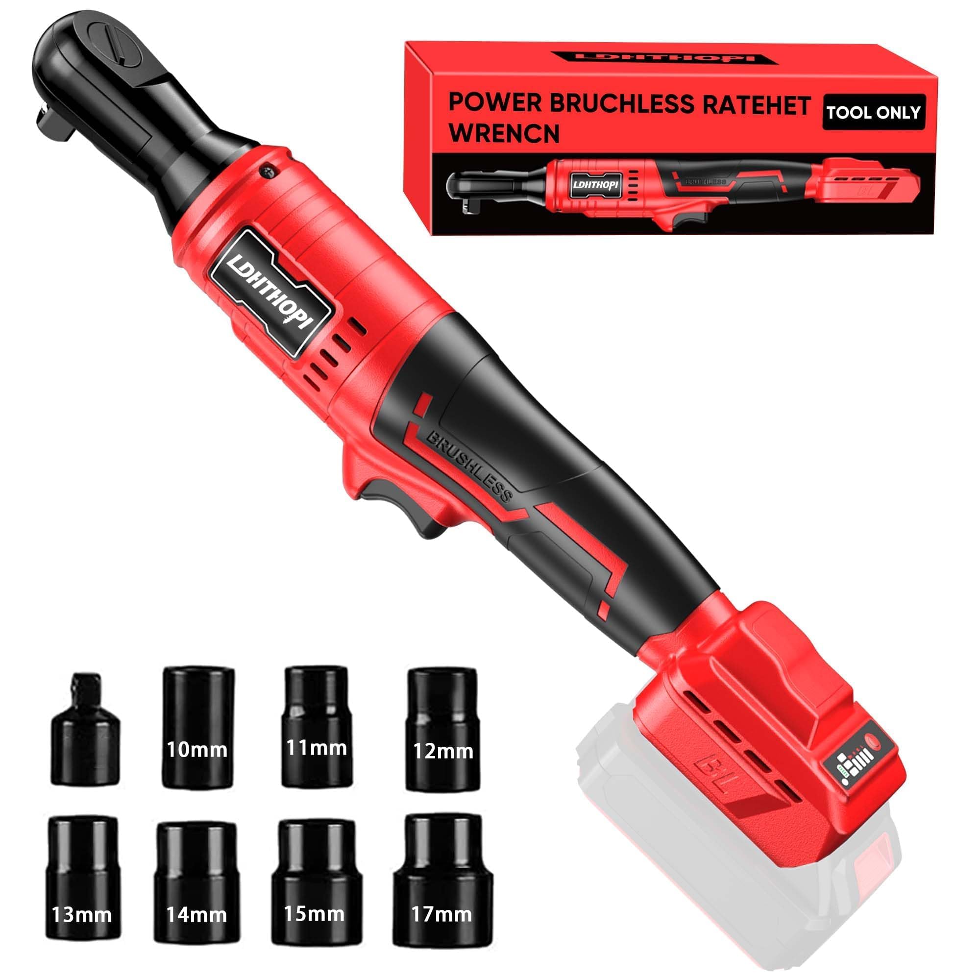 LDHTHOPI 3/8" Akku Ratsche 18V für Makita,MAX 100 Nm(75FT-LBS) Elektrische Ratsche mit LED-Licht,Rechts-/Linkslauf Ratschenschlüssel mit 1/2"-Adapter,7 Einsätzen(ohne Akku)
