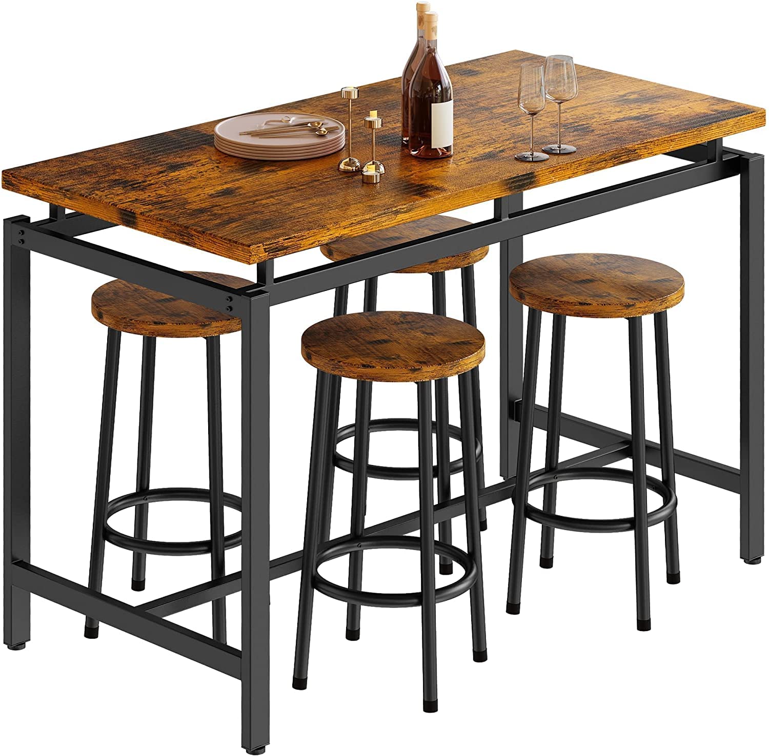 MIERES Dining Table Set for 4, Wood Kitchen Table and Chairs for 4, 5 Pieces Bar Table and Chairs Set, Industrial Bar Height Table with 4 Stools for Home Bar,Living Room,Breakfast Nook,Rustic Brown