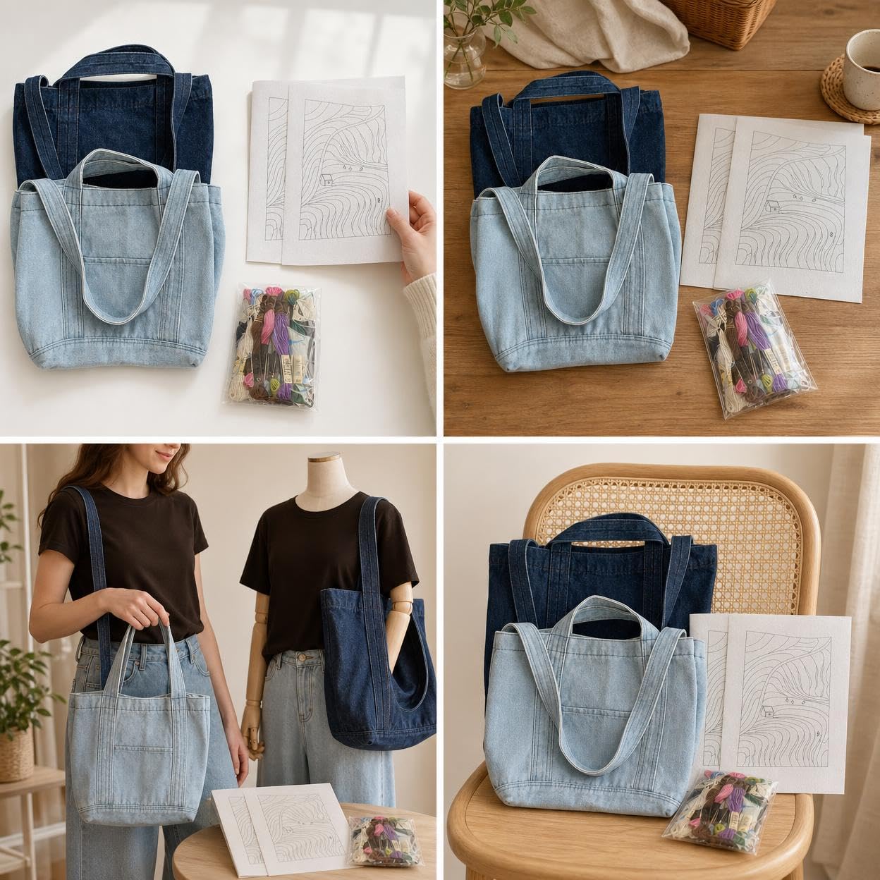 Yunmeryker Kit Ricamo Fai da Te per Principianti, Kit da Borsa in Tela con Strumenti e Istruzioni, Borsa fai da te in denim chiaro e scuro (due pezzi), senza telaio da ricamo