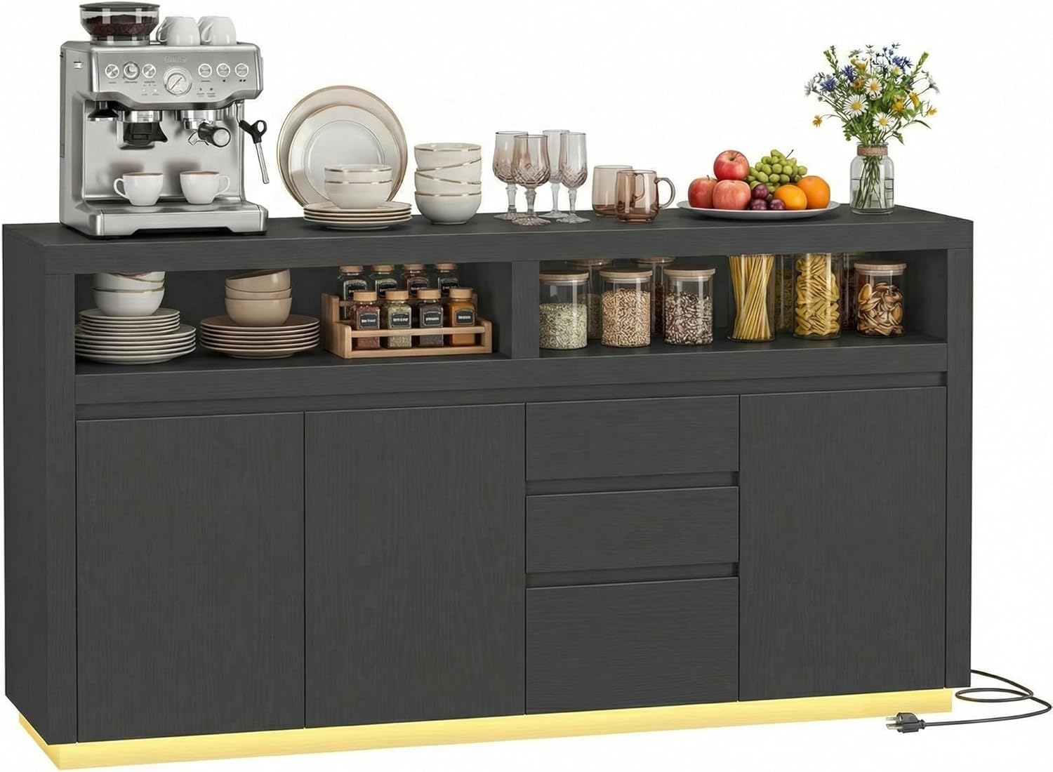 FOTOSOK 63" Sideboard Buffet Cabinet with Storage, Modern Kitchen Buffet Cabinet with Drawer, Kitchen Storage Cabinet with Power Outlet & LED Light, Coffee Bar Cabinet for Kitchen, Living Room, Black