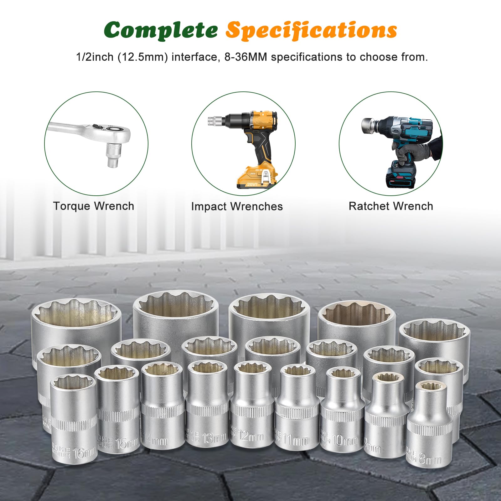 Set di 21 chiavi a bussola multidente, attacco da 1/2", 8-36 mm, acciaio al cromo vanadio, custodia blu