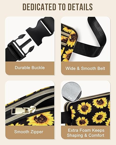 Miniatura 4 de Capolo Riñoneras para mujer con correa ajustable y 4 bolsillos con cremallera, impermeable, para entrenamiento, correr, viajar, Girasol, Riñonera