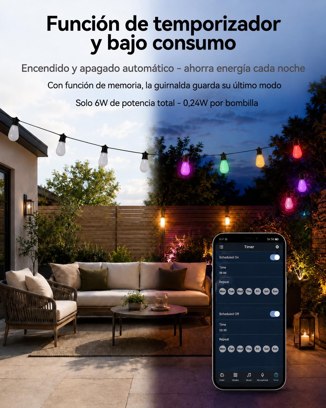 Meevt Guirnalda Luces Exterior RGB 20M, Luces LED Jardín Regulables S14