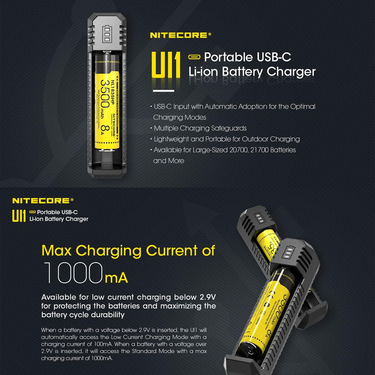 Nitecore UI1 ładowarka akumulatorowa z mikro USB, ładowarka do akumulatorów akumulatorowych, stacja ładująca na kemping i na zewnątrz, czarna