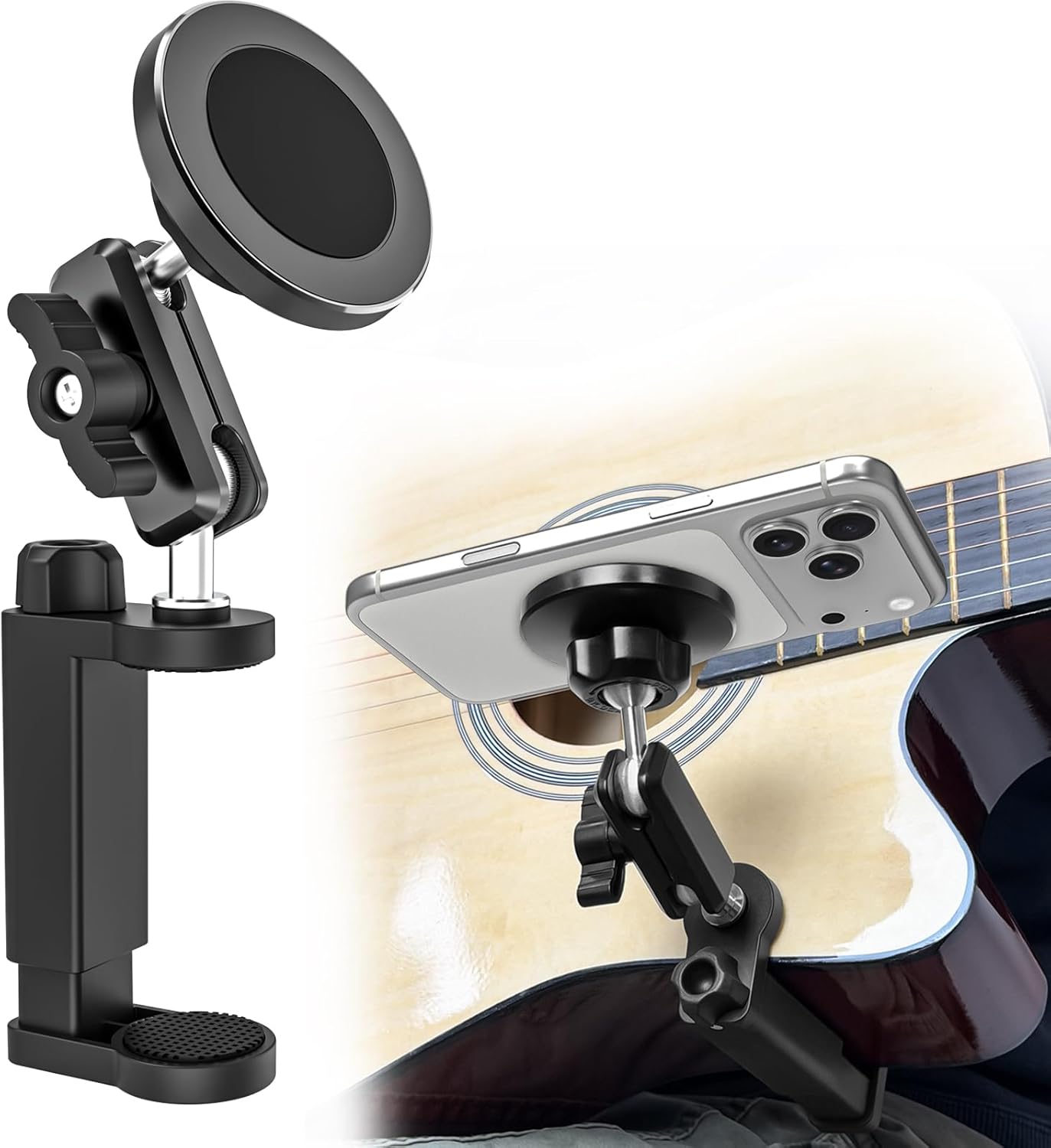 Magnetic Guitar Phone Holder, [360° Rotatable Metal Arm] Guitar Phone Mount for iPhone & Android, Universal Guitarist Smartphone Clip Holder for Following Chord, Recording Video, Live Streaming