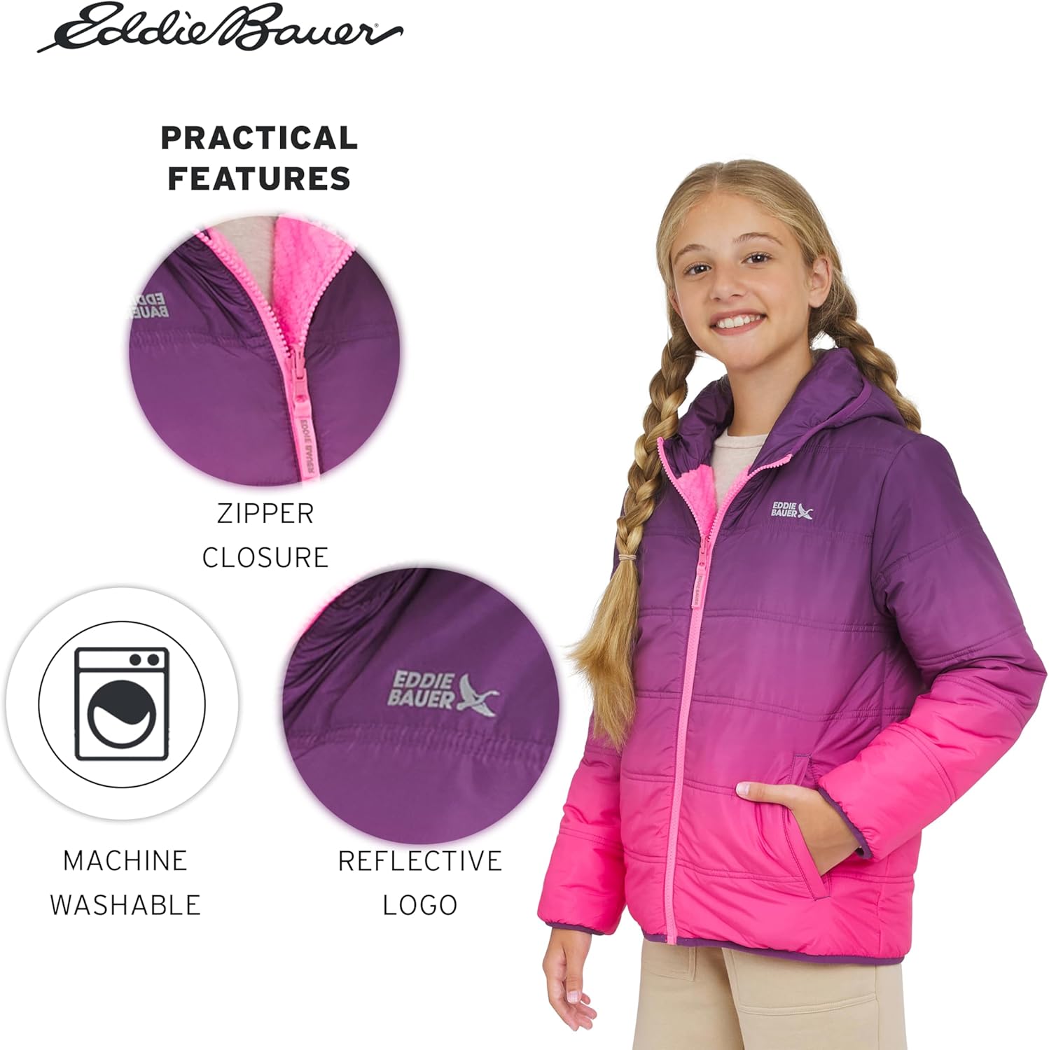 Eddie Bauer Girls' Deer Harbor Reversible Faux Fur Lined Insulated Puffer Jacket - Image 6