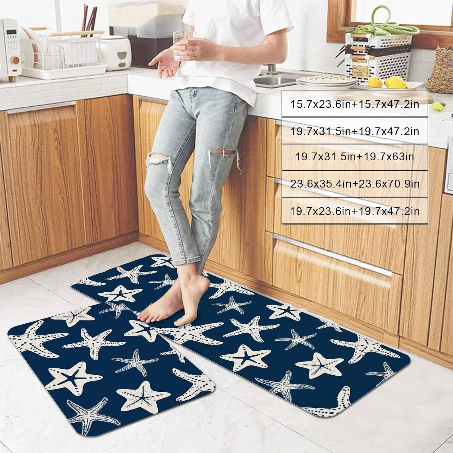 Starfish Kitchen Mats Set of 2 Summer Beach Nautical Ocean Sea Star Marine Life Navy Blue Non Slip Mat Washable Floor Rug for Kitchen Sink Floor Laundry, 19.7"x31.5"+19.7"x63"