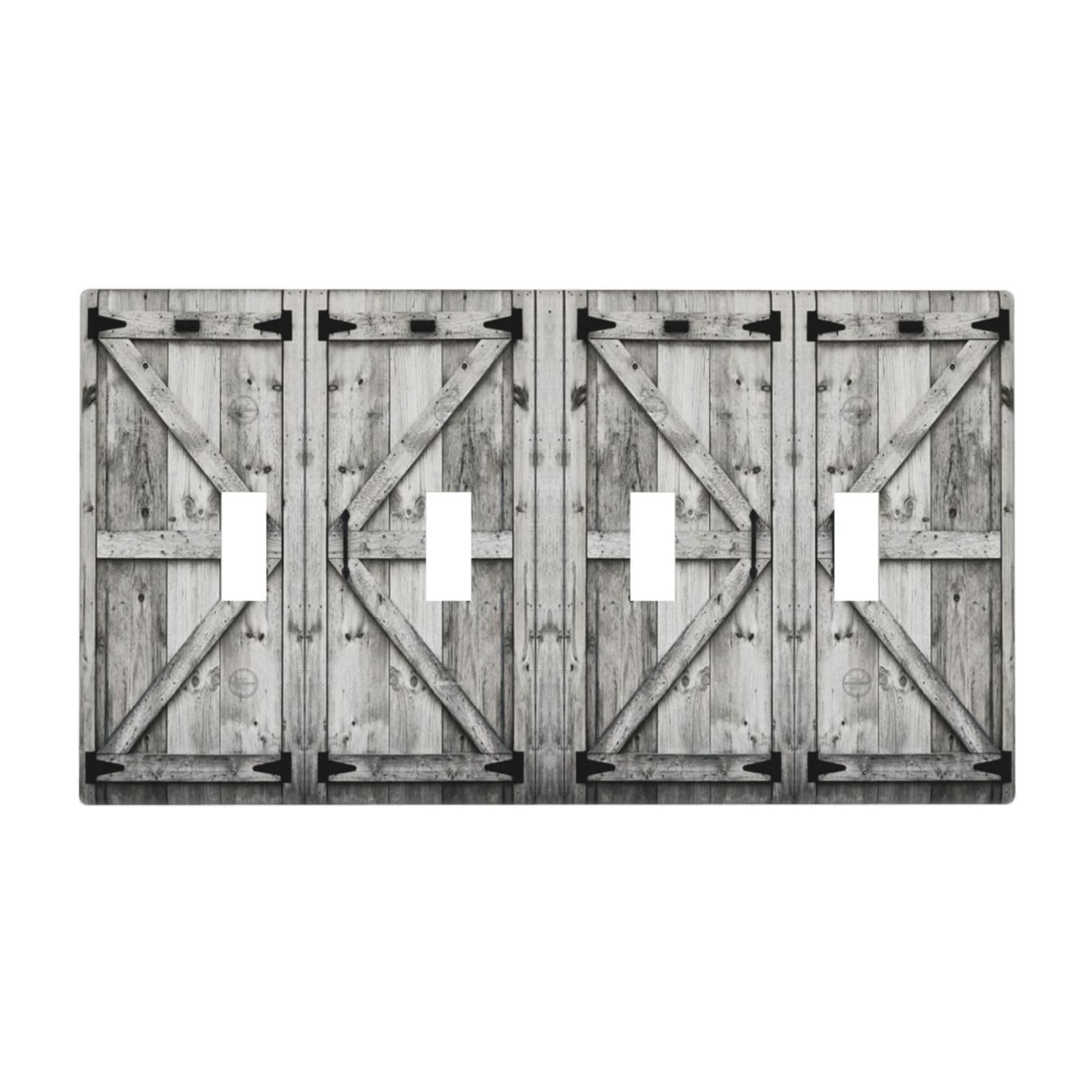 Farm Western Grey Barn Cabin Door Decorative 4 Gang Quad Toggle Light Switch Cover Plate Decorative Electric Quadruple Device Faceplate Switchplate Screwless