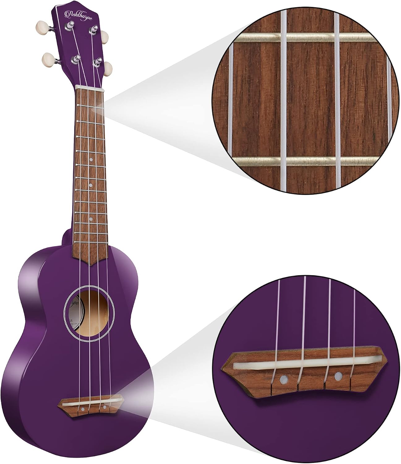 Ashthorpe Soprano Ukulele Bundle (Purple) - 21-Inch Uke Beginner Starter Kit with Gig Bag, Cloth, and Picks