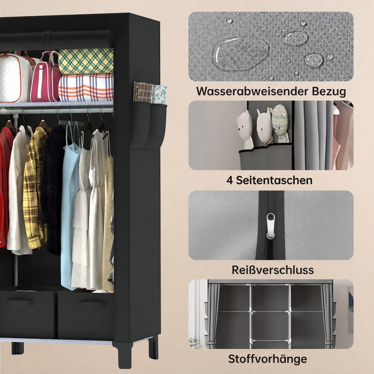 Armoire en tissu avec tringle à vêtements, armoire portable stable avec revêtement pour chambre à coucher et dressing