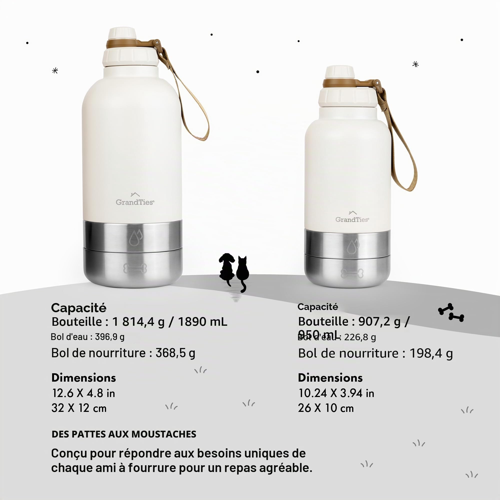 GrandTies Bouteille d'eau Portable Isotherme avec 2 distributeurs Amovibles pour Chien | Conteneur de Voyage Alimentaire étanche | Marche, randonnée, Camping (1,9 l, Blanc Ivoire)