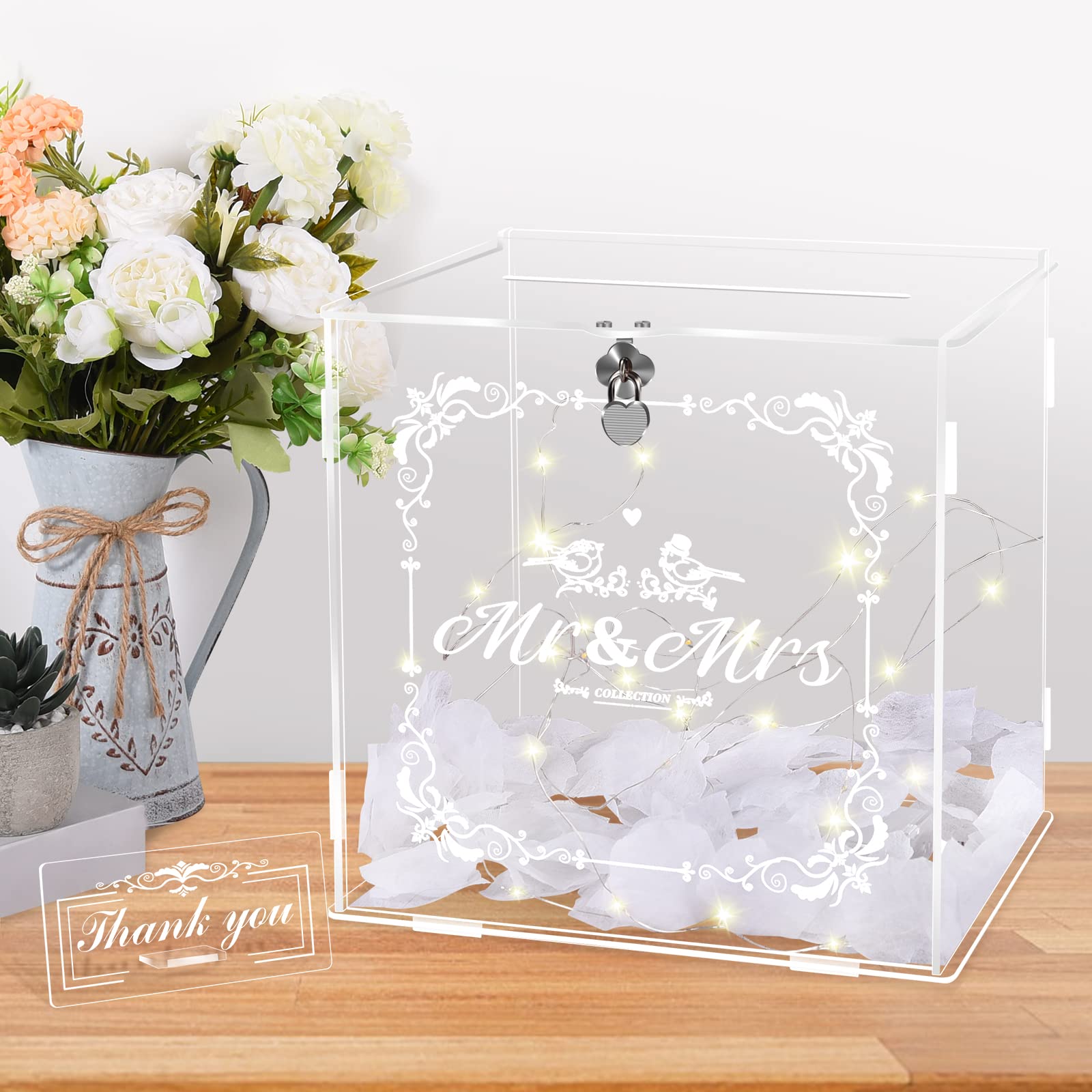 Herenear Scatola per biglietti di nozze in acrilico, con lucchetto, trasparente, fai da te, grandi scatole regalo per matrimonio, anniversario