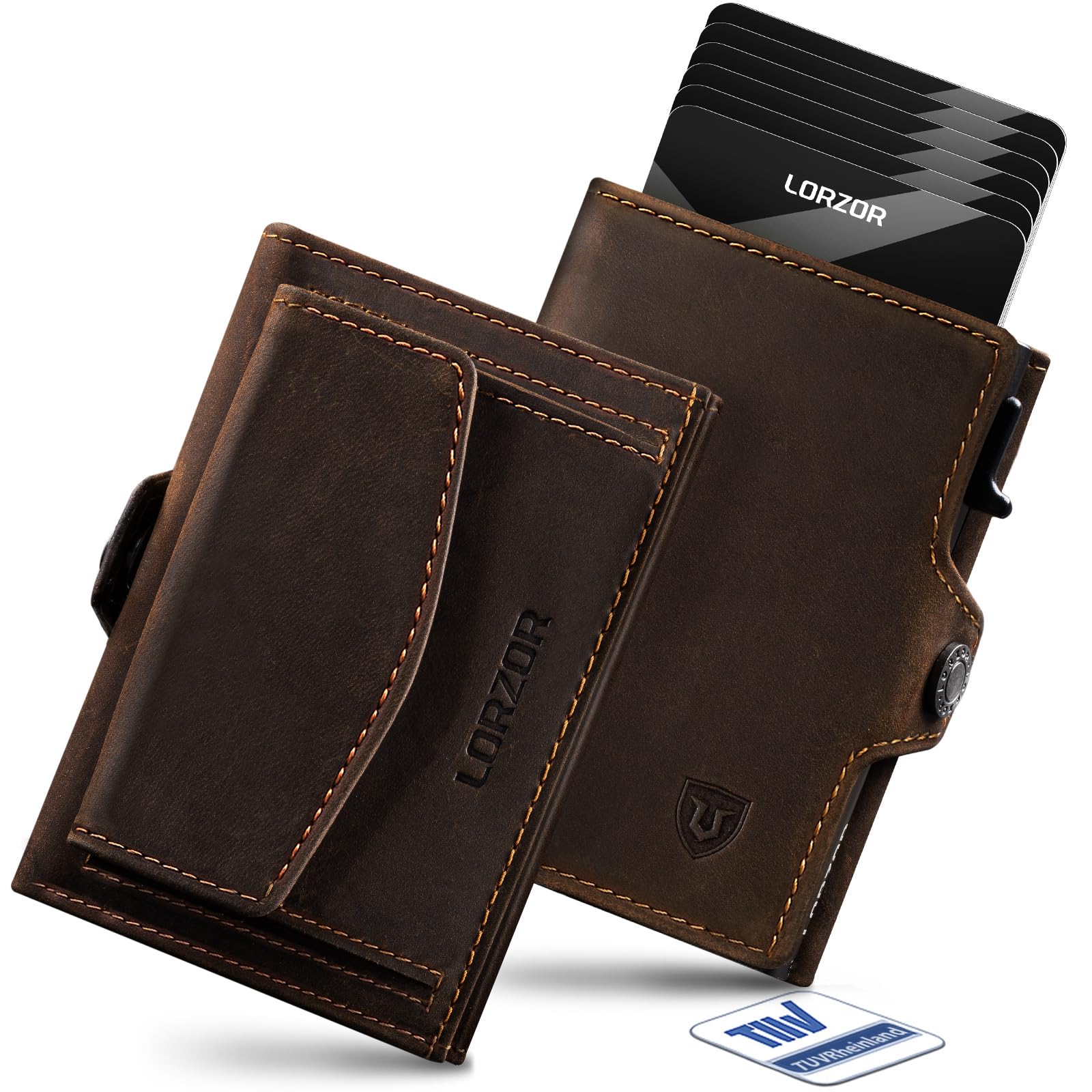 LORZOR Slim Wallet mit XXL-Münzfach für 10+ Münzen, Kartenetui Herren RFID Schutz, Echtleder Portmonee, Geldbörse Herren, Geldbeutel, Brieftasche, Smart Wallet, Kreditkartenetui für 10 Karten