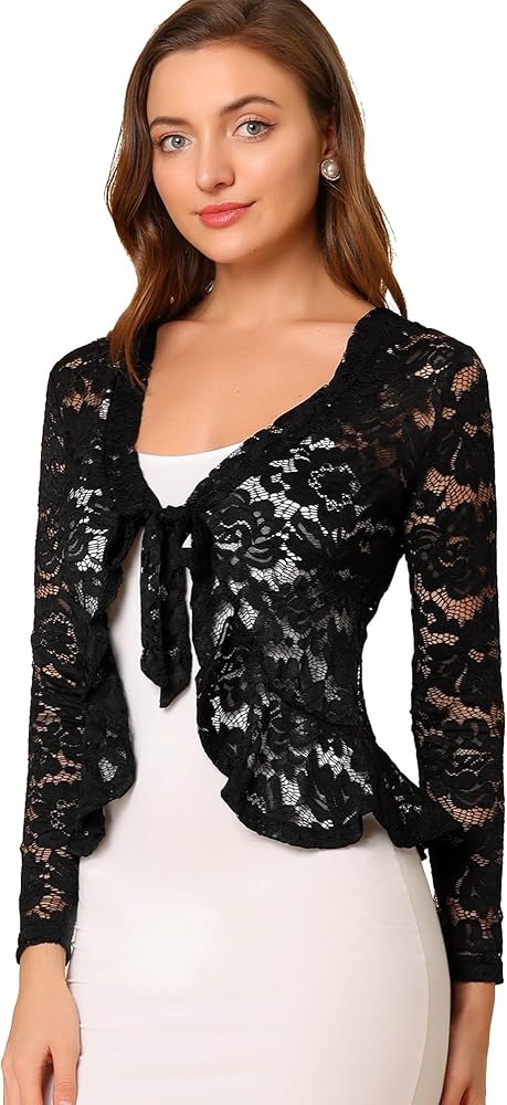 Allegra K Lace Bolero for Women's Tie Front Cardigan Ruffled Hem Allegra K Lace Bolero for Women's Tie Front Cardigan Ruffled Hem