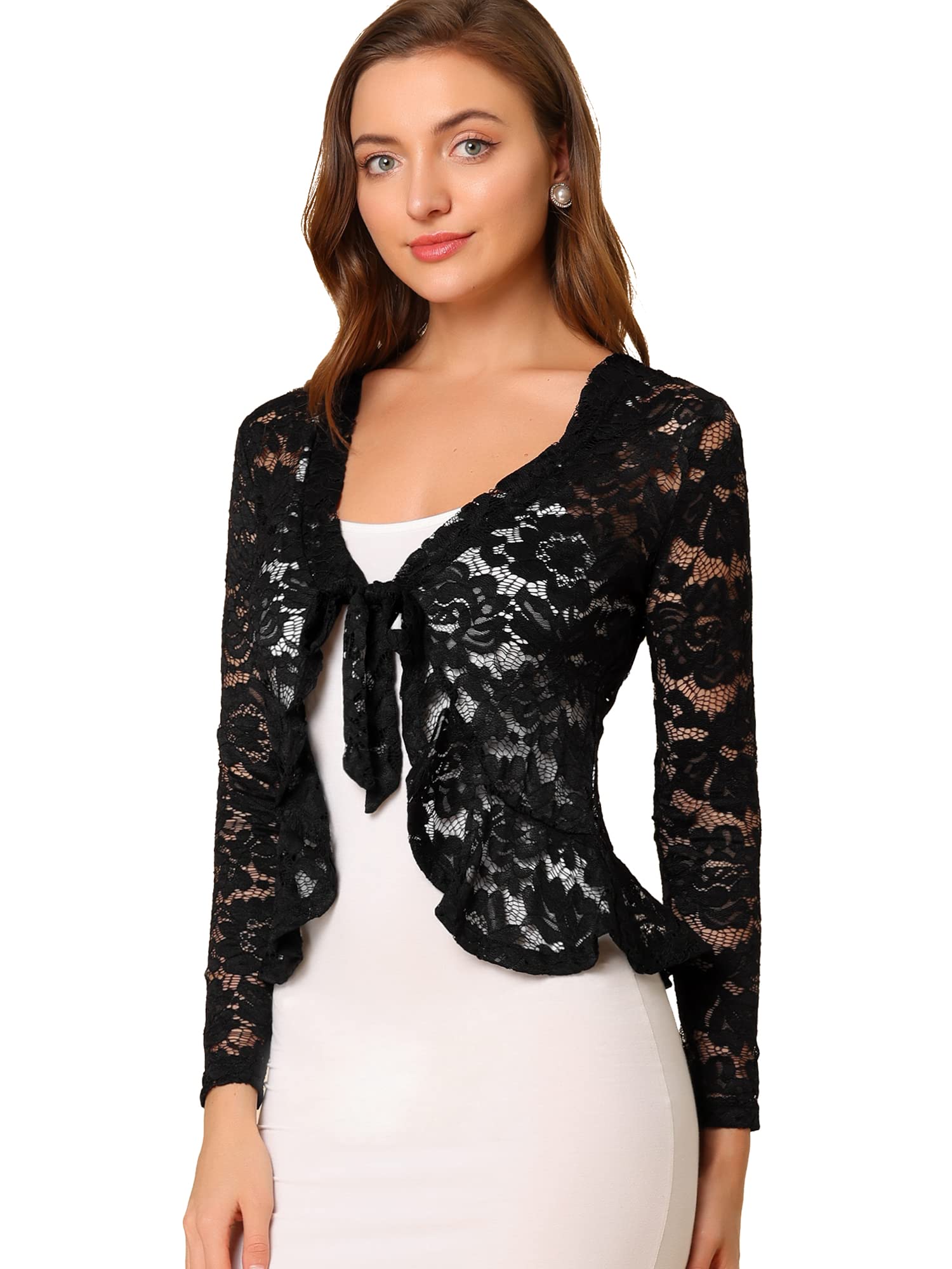 Allegra K Lace Bolero for Womens Tie Front Cardigan Ruffled Hem Formal Office Sheer Crop Shrug