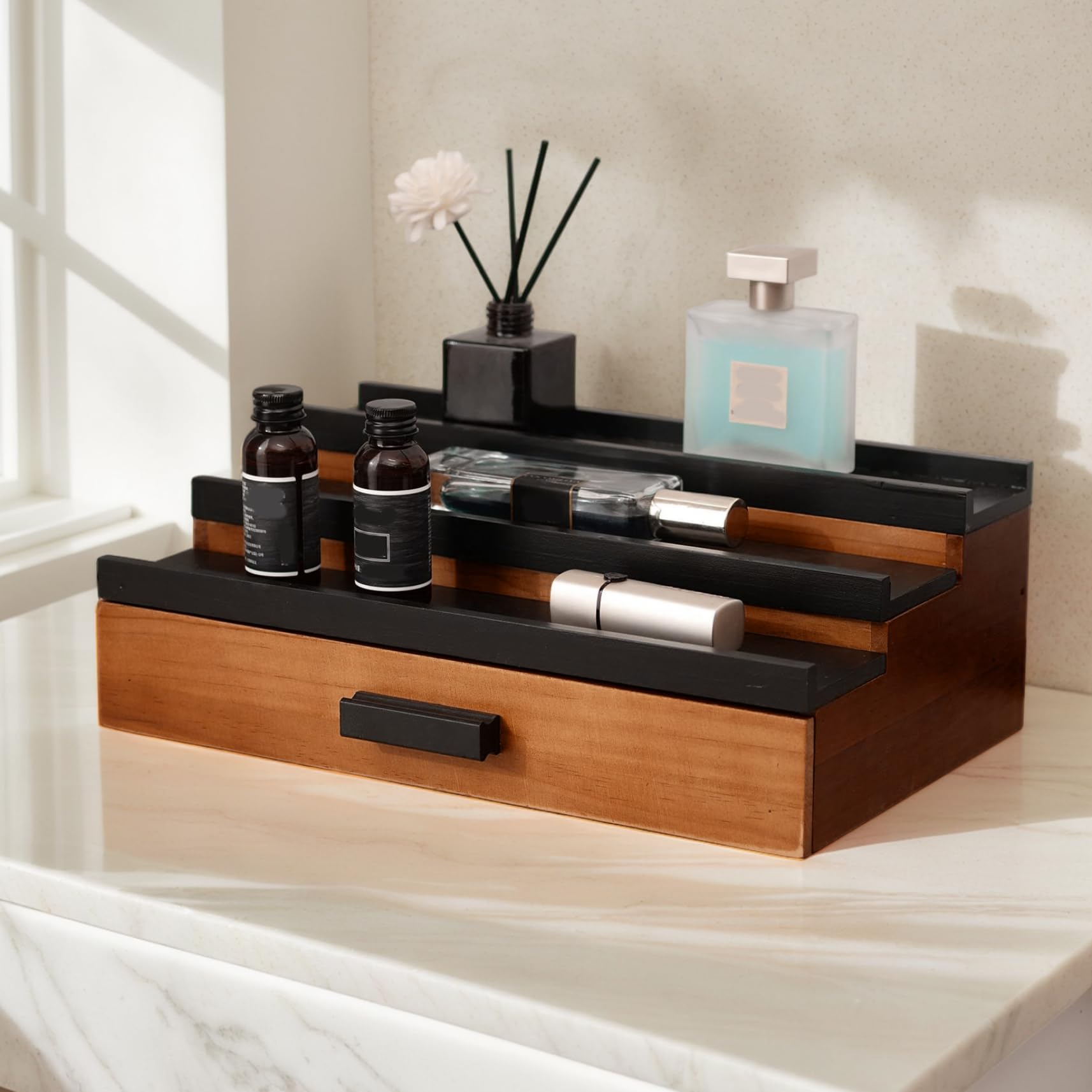 Organizador de perfumes, soporte de madera para colonia de 13x8x4 pulgadas con cajón, soporte de exhibición de perfume de 3 niveles con asa, estante retro de colonia para el hogar, tienda, organizado