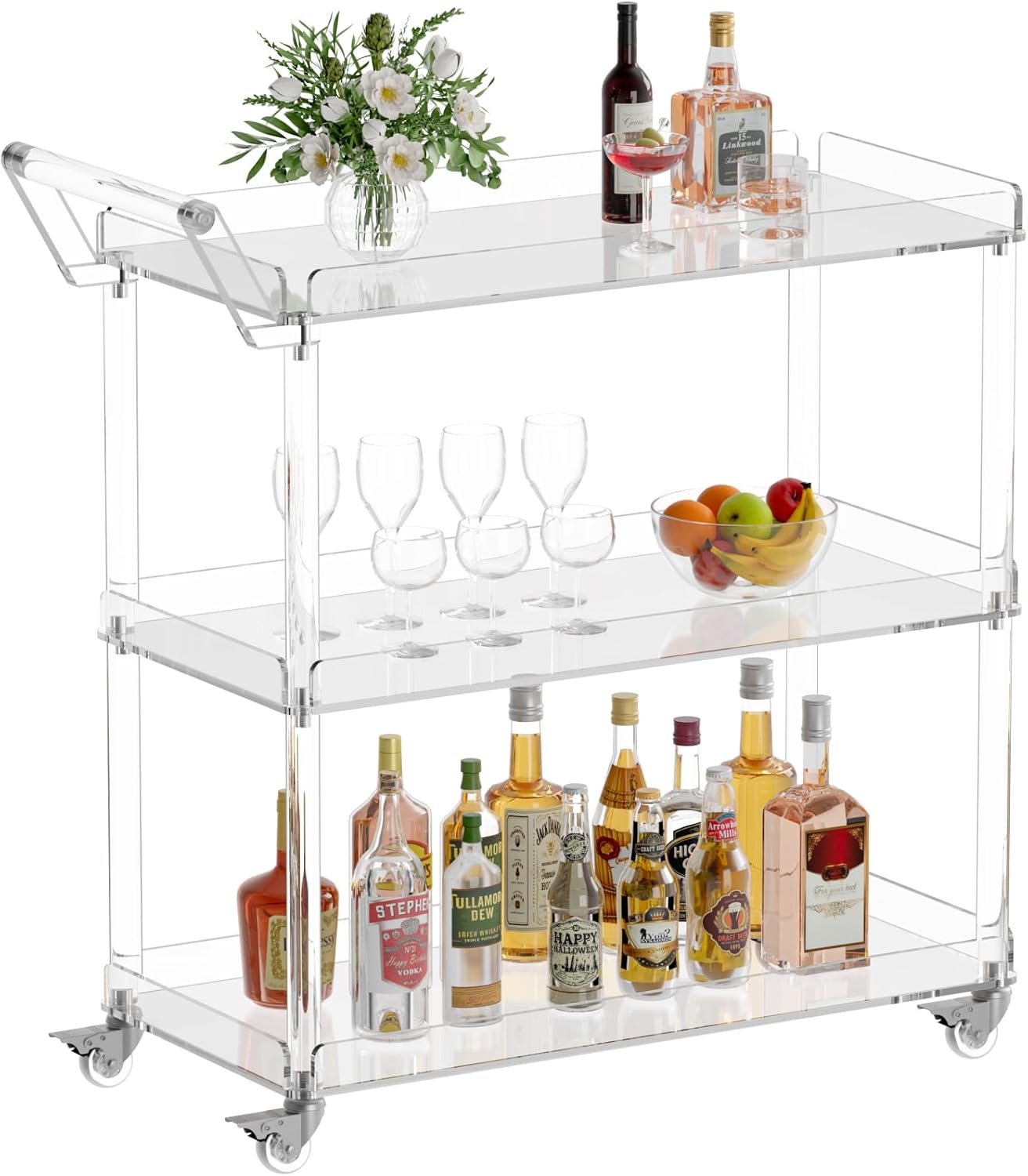 3-Tier Acrylic Bar Cart, Rolling Bar Carts for The Home, Mobile Drink and Wine Serving Cart with Wheels and Pulling Handle for Kitchen, Living Room, Clear, 33.7" L x 14.57" W x 34.84" H