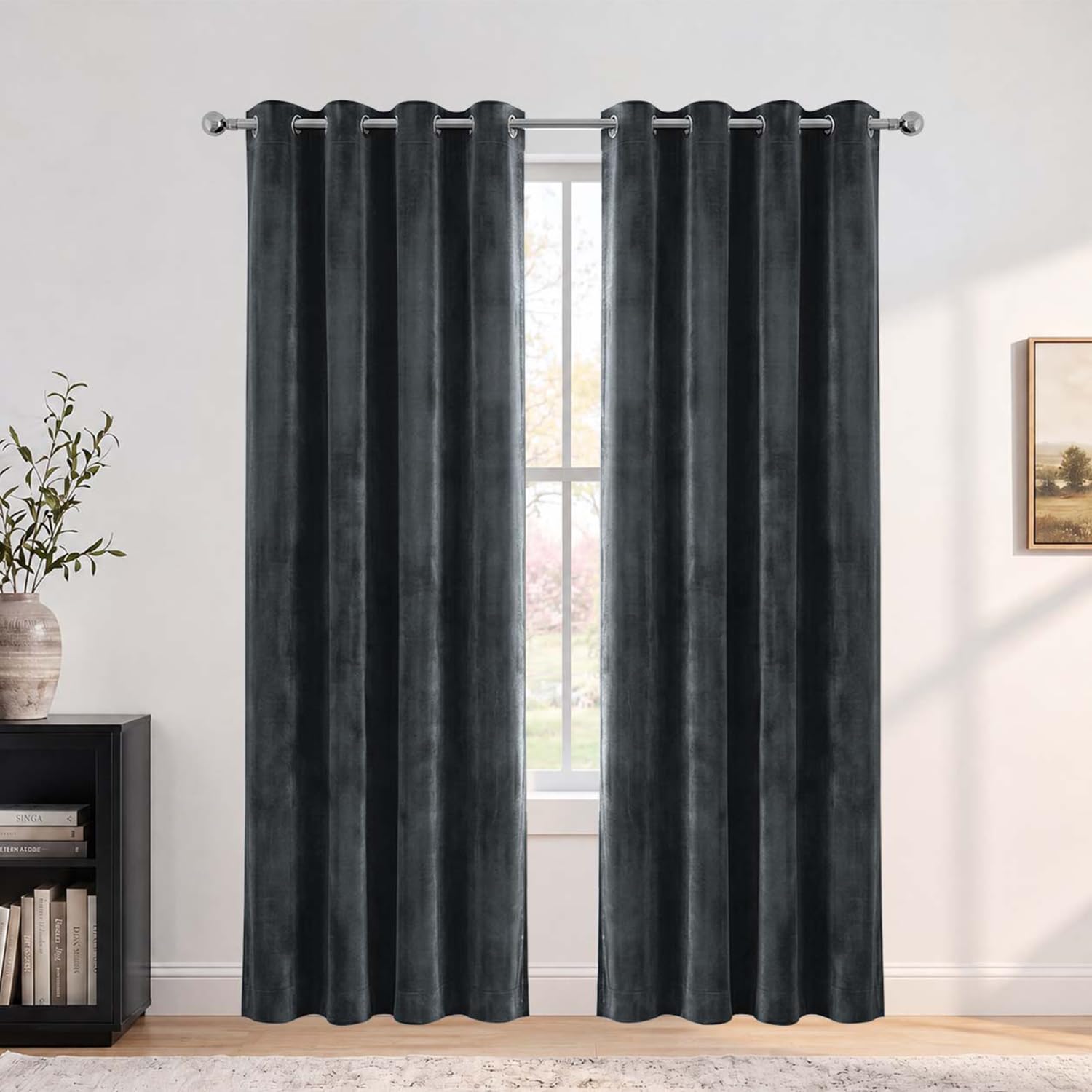 Hafaa Velvet Curtains for Bedroom 46X90 Charcoal Blackout Curtains 2 Panels
