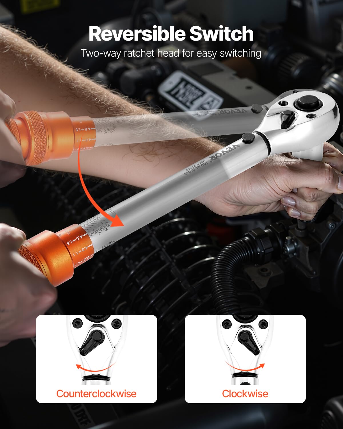 VEVOR Juego de Llaves Dinamométricas de Clic Accionamiento de 3/8" 5-60 Nm Bidireccional 72 Dientes con Vasos, Puntas, Barra de Extensión, Vasos para Bujías y Adaptador ±3% de Precisión Naranja