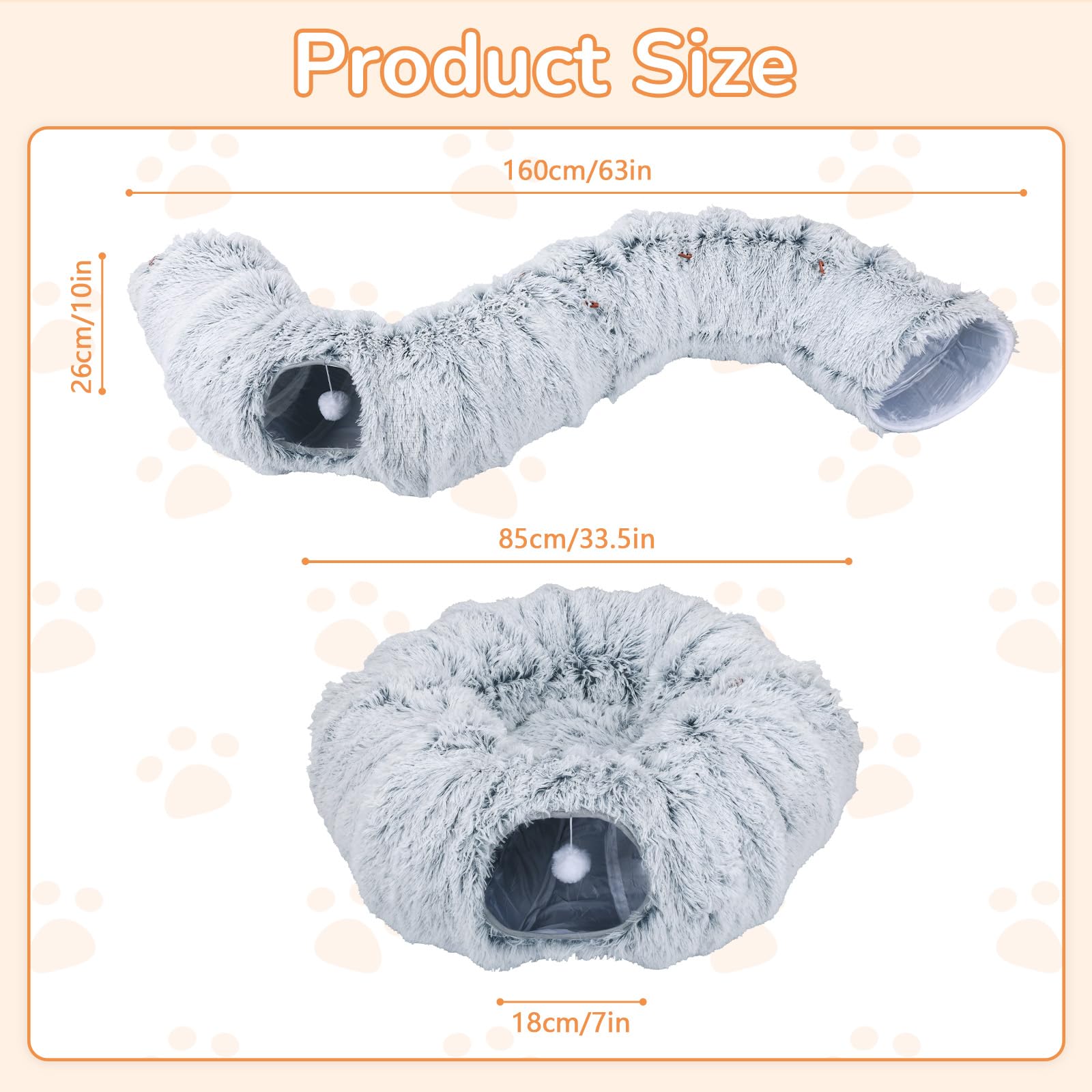 Road túnel para Gatos, Cama Tipo túnel para Gato con Alfombrilla de cojín Donut Forma Circular Plegable extraíble con Agujeros Bolas (Gris, 85 X 26 Cm)