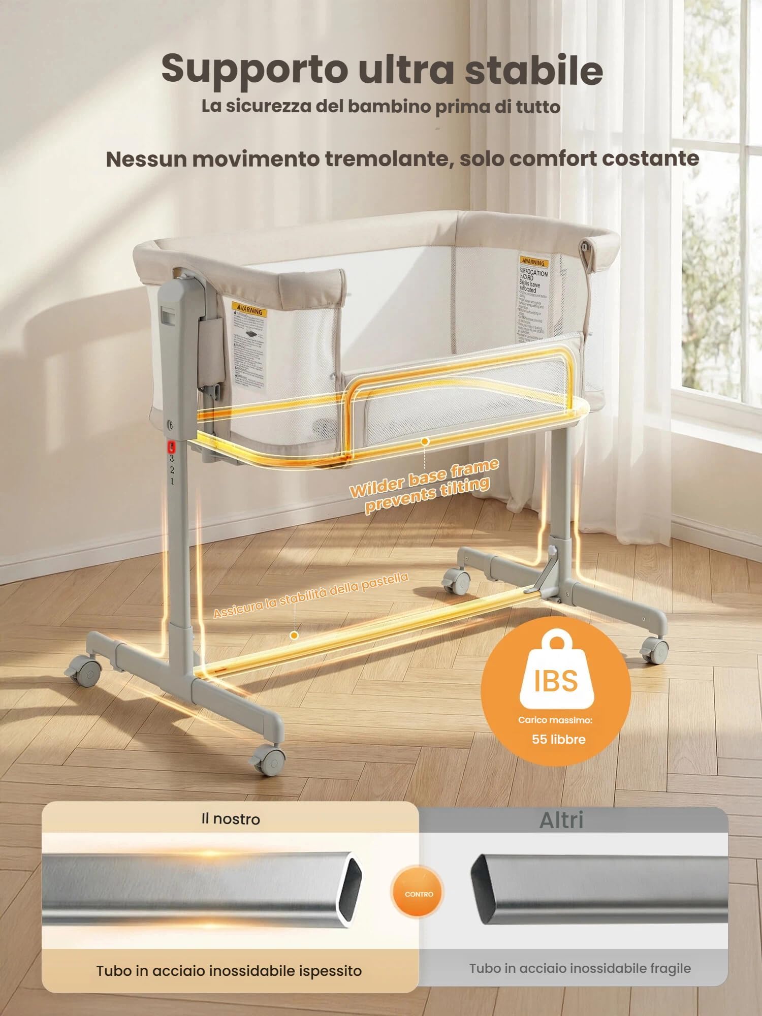 Culla Next To Me,Culla Neonato Fianco Letto 3-in-1 Oscillante con Ruote e Regolazione Altezza 6 Posizioni - Tessuto Mesh Traspirante e Materasso Morbido per Neonati e Infanti