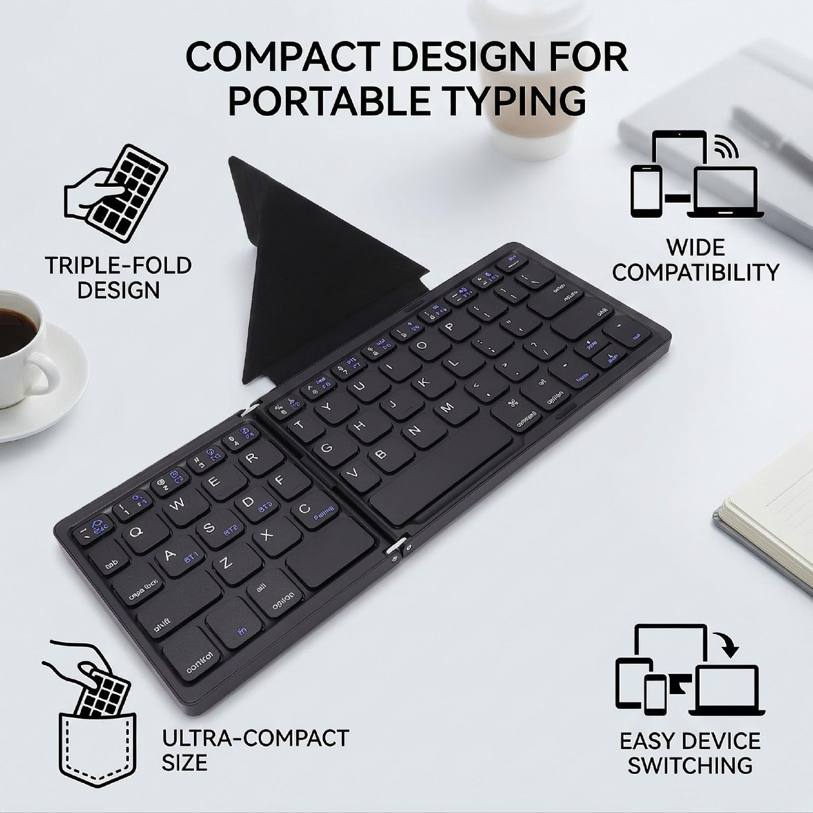 XUMIUZIY Tastiera Bluetooth Tripla Pieghevole, Fino a 3 Dispositivi (BLACK)