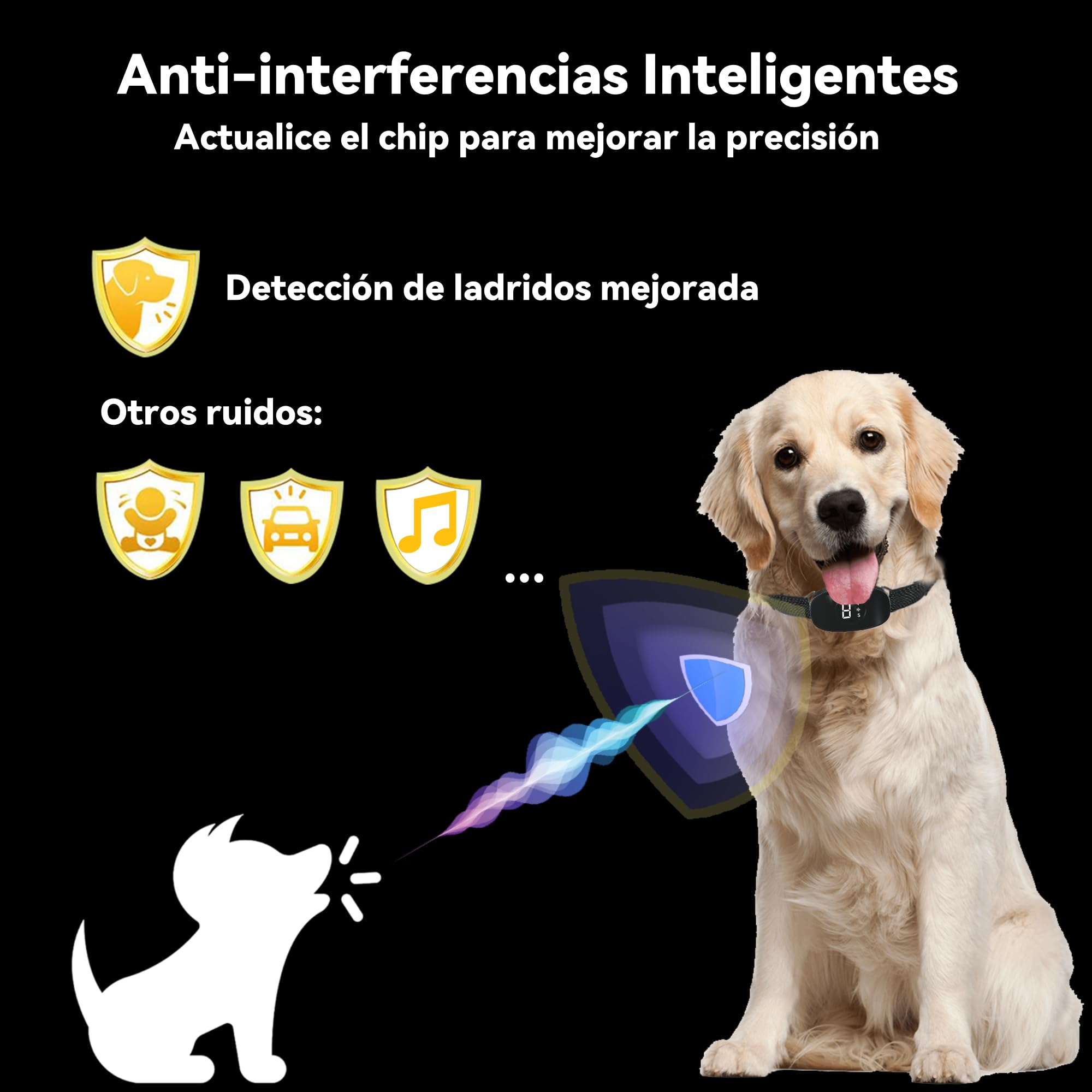 Collar Antiladridos para Perros,Sin Descargas,Collar Automático con 8 Sensibilidad Ajustables,3 Modos de Vibración/Fuerte Vibración/Sonido,Apto para Todos los Perros
