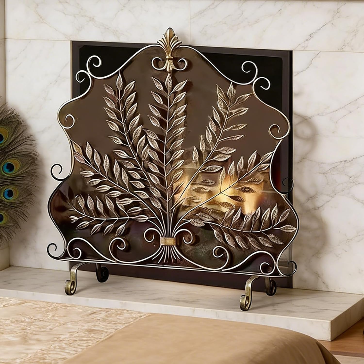 JNTFNE Antique Gold Fire Screen,Grid Fireplace Cover Mesh Screen Leaf Pattern | Iron for Wood Burning Stove, Fireguard with Pattern, Vintage Indoor Outdoor Sp