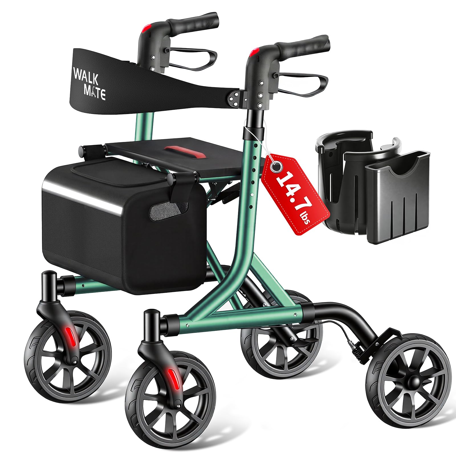 WALK MATE Andador con ruedas para personas mayores con soporte para tazas, botón mejorado para ajuste de altura, ruedas de 4 x 8 pulgadas con respaldo acolchado, plegable, ligero, ayuda para caminar,