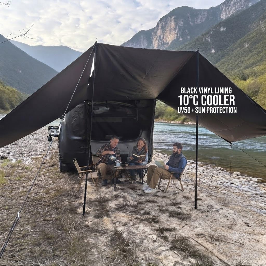 Tente de Hayon Universelle pour Voiture 2-4 Personnes, Étanche au Vent et à la Pluie, Protection Solaire, Toile Oxford Occultante, Bâche de Camping Imperméable ≥2000mm pour SUV (Noir)