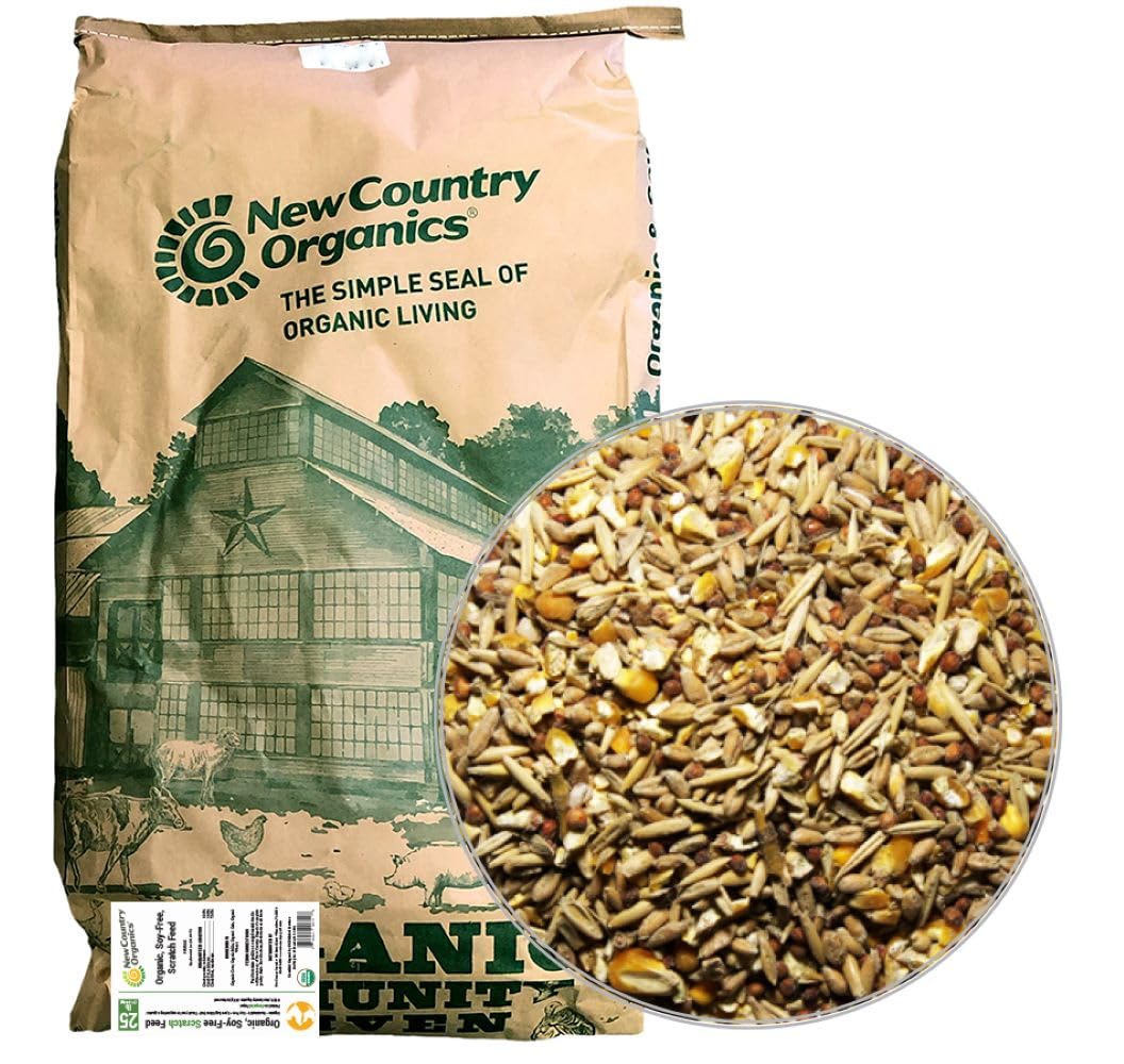 New Country Organics | Chicken Feed | Scratch Feed for Adult Poultry | Soy-Free | 9% Protein | Certified Organic and Non-GMO | 25 lbs