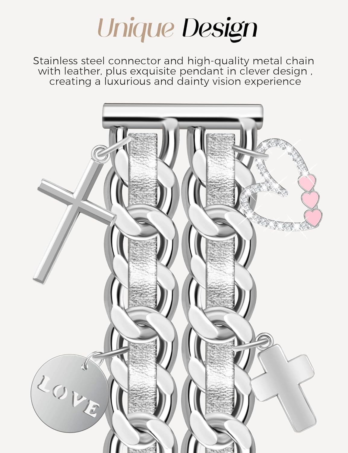 Silver Metal Band with Charms Women 20mm Adjustable Double Chain Watch Strap Compatible with Samsung Galaxy Watch 7/6/5/4/Active 2/4 6 Classic/5 Pro/FE 40mm 42mm 43mm 44mm 45mm 46mm 47mm - Image 4