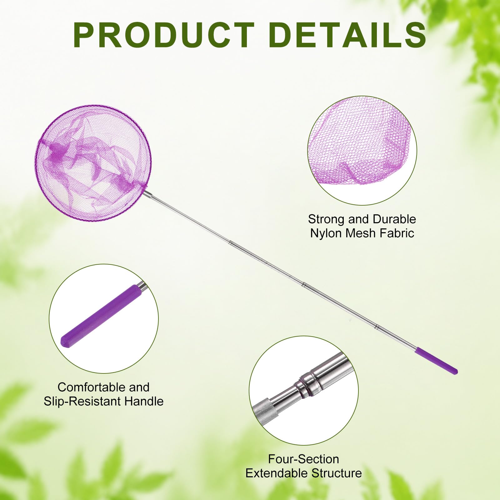 M METERXITY 1 filet de pêche télescopique pour adolescents, extensible de 48 cm avec poignée réglable pour attraper les insectes/petits poissons/crevettes/aquarium/extérieur [violet]