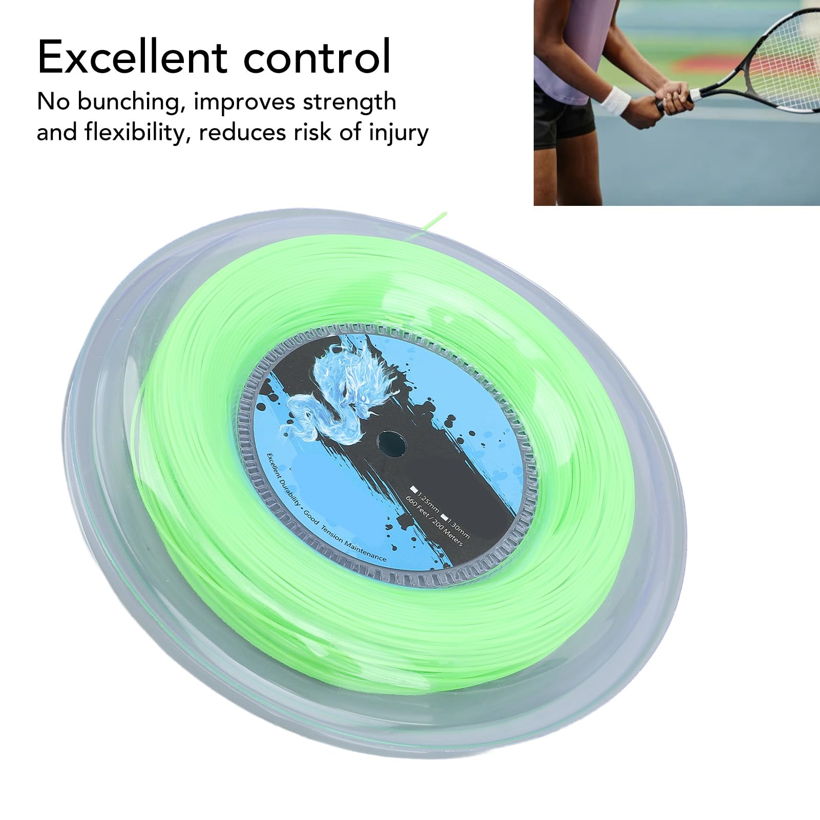 Yunir Carrete de Cuerda de Tenis, Cuerda de Raqueta de Tenis de Poliéster de 200 M con Diámetro de Cuerda de 1,3 Mm, Verde Fluorescente Vibrante, para Entrenamiento de Tenis