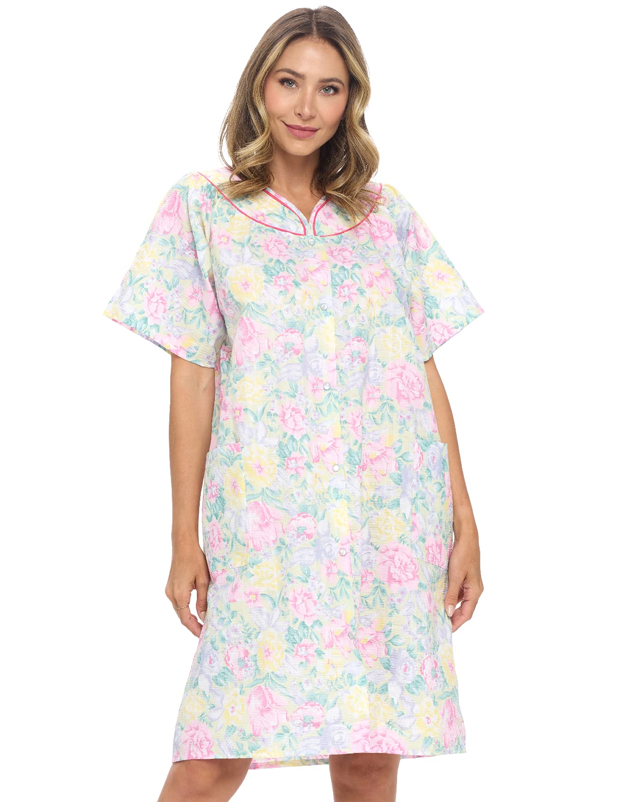 Casual Nights Women's Snap - Front House Dress Short Sleeve Woven Housecoat Duster Lounger Robe with Pockets