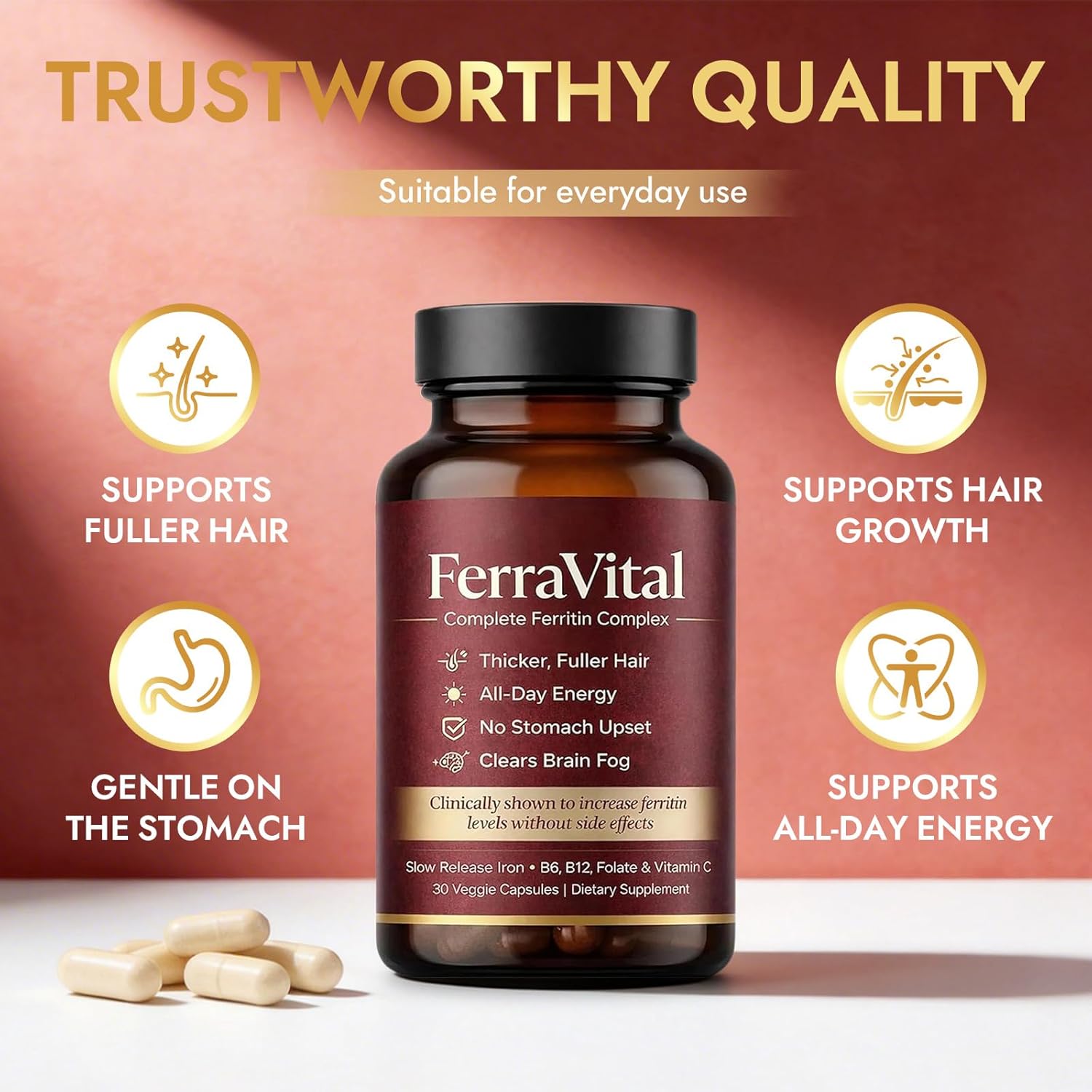 Ferritin Supplement for Women – Supports Healthy Iron & Energy Levels – with Ferrous Glycine, Vitamins C, B12, B6, Folate, Zinc & Probiotics – 60 Capsules
