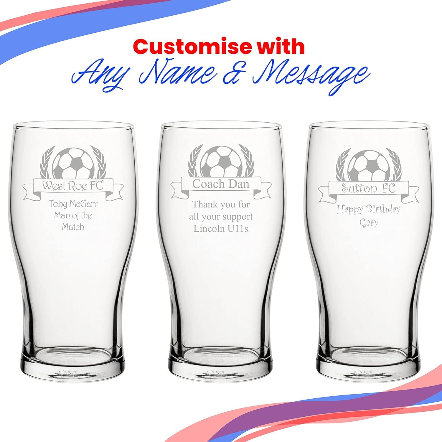 All Things Personalised Bicchiere Birra Pinta Personalizzato 0,5L - Bicchiere Inciso con Nome Squadra e Messaggio, Design Calcio e Coppa - Regalo Tifosi Calcio, Tornei, Compleanno - Confezione Regalo