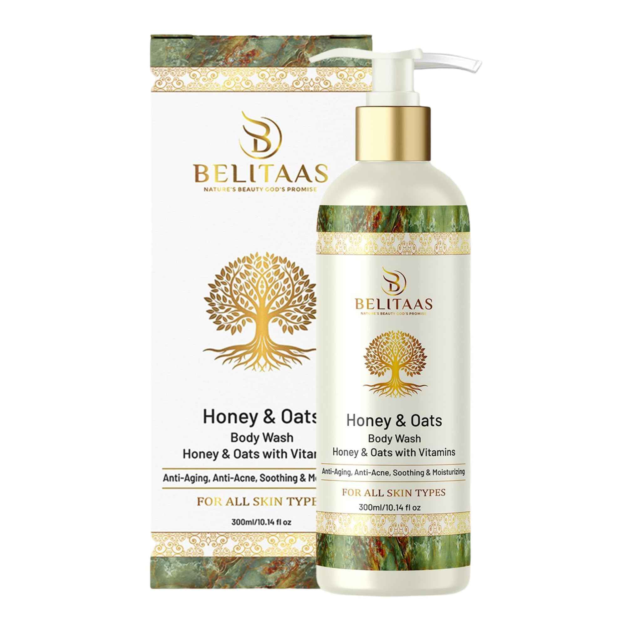 Belitaas Honey Oats Body Wash PLANT-BASED Cleanser 10 14 fl oz 300ml Sulphate SLS Paraben-Free Vitamin-Enriched Non-Irritating Hydrating