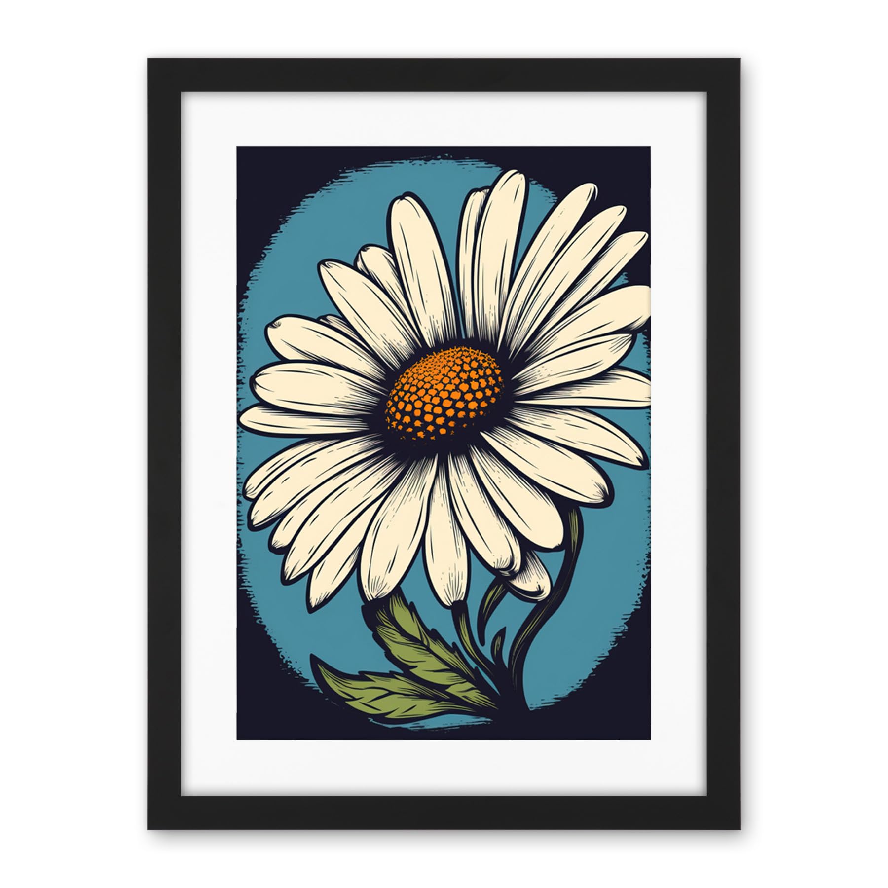 Artery8 A Single Daisy Flower Bloom Bold Rockabilly Americana 50s Artwork Framed Wall Art Print 18X24 Inch