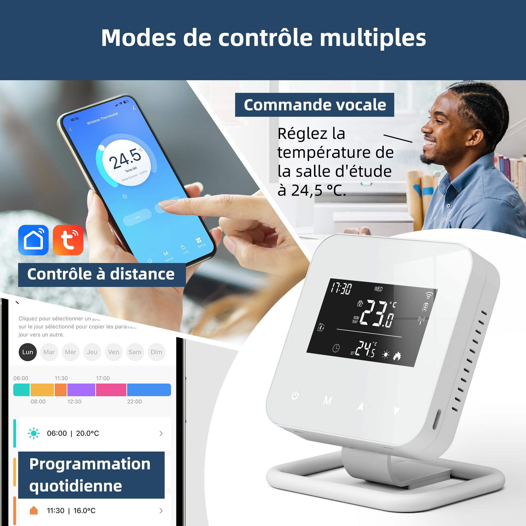 Beok Thermostat sans Fil programmable quotidiennement avec récepteur,Tuya Thermostat Connecté WiFi pour chaudière Compatible avec Alexa et Google Home Alimentation par Piles o USB
