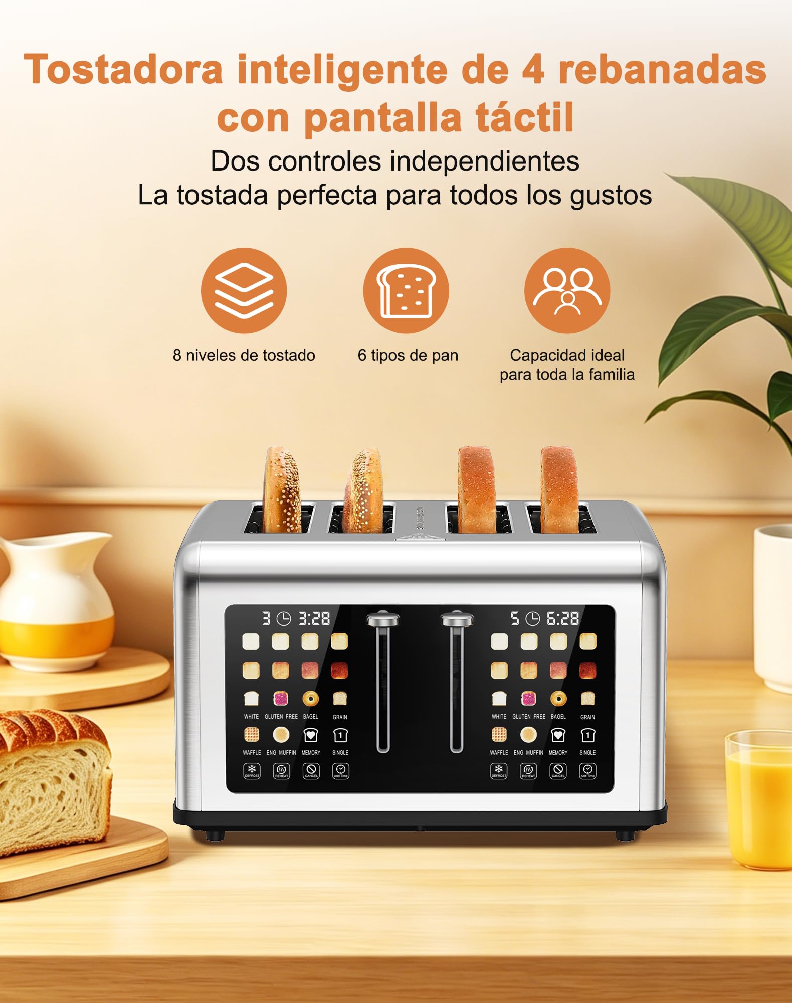 Tostadora de 4 Ranuras, Pantalla Táctil, 8 Niveles de Tostado, 6 Programas de Pan, Función Descongelar y Recalentar, Acero Inoxidable para Bagel Muffin Gofre, 1760 W