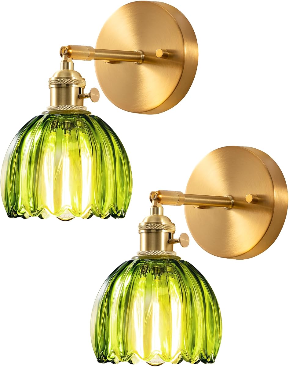 Vintage Brass Wall Sconces with Adjustable Green Tulip Glass Shade | Hardwired, 180° & 270° Adjustable, Rotary Switch, Vintage & Modern, E26, Ideal for Bathroom, Bedroom, Hallway