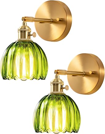 EDISHINE Hardwired Wall Sconces Set of Two, Vintage Wall Lighting Fixture with Green Tulip Glass Lampshade 180 Degree Adjustable, Brass Gold Wall Lamp for Bedroom Living Room Hallway Bathroom
