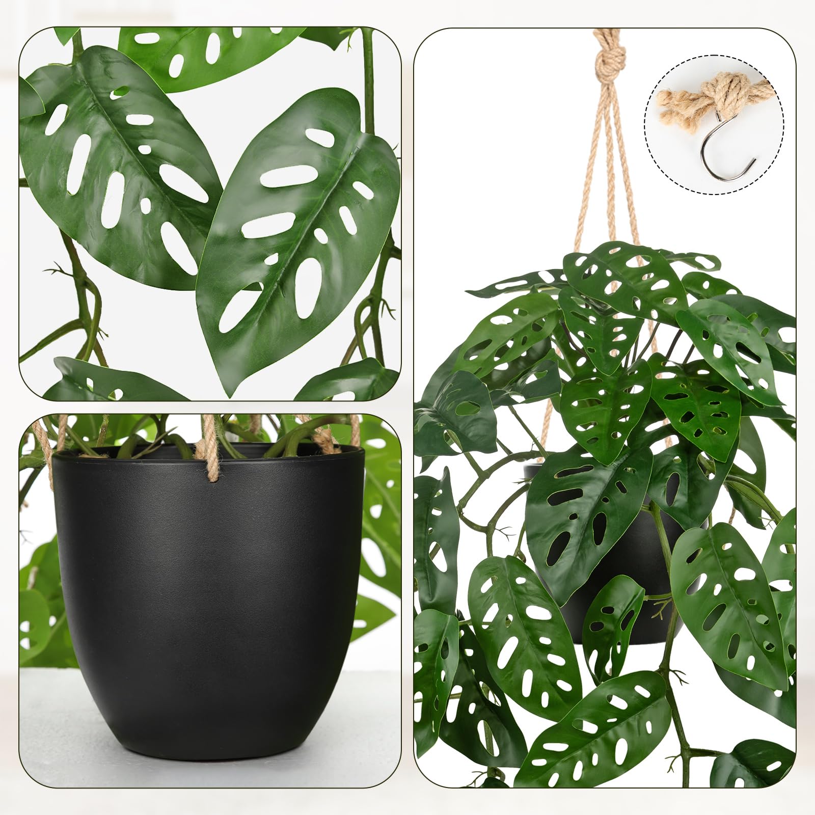 Plantas artificiales en maceta, plantas artificiales colgantes como reales en maceta, plantas artificiales de monstera, hojas de 20 cm, plantas decorativas para mesa, decoración de baño,