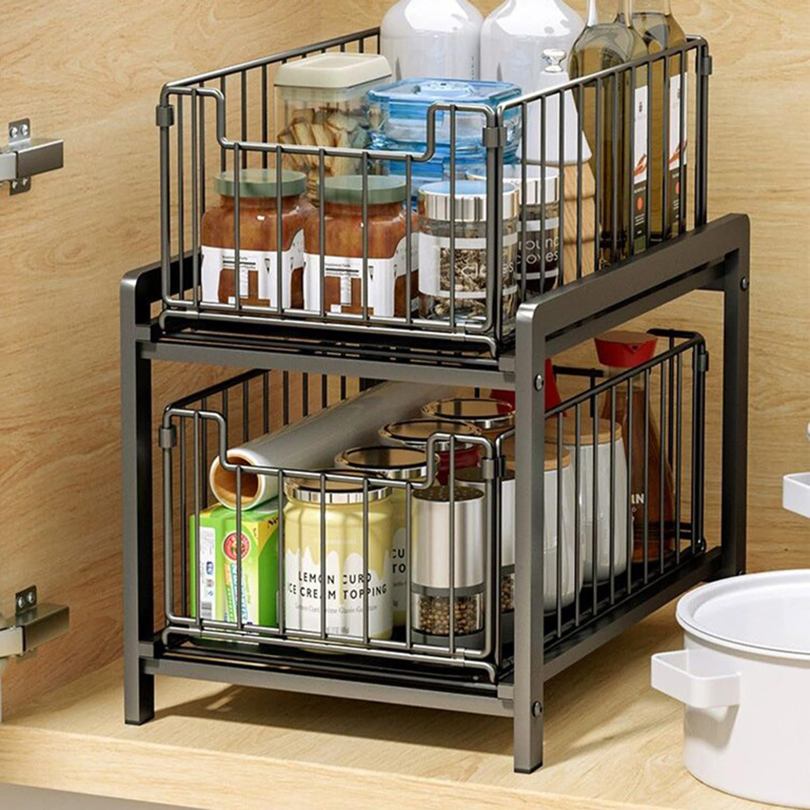 Zstar 2-poziomowy organizer pod szafkę pod umywalkę, stal węglowa, organizer kuchenny z 2 szufladami, szafka pod zlewozmywak, wysuwany regał na przyprawy, 26 szer. x 37 gł. x 38,5 wys. cm