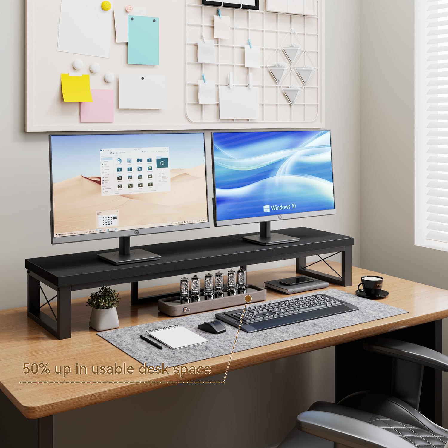 IBUYKE Podwójny stojak na monitor, podwyższenie ekranu komputera, 97 cm, drewniany, z miejscem do przechowywania, stolik biurowy z podwójnym ekranem, stojak na monitor do komputera, drukarki, laptopa