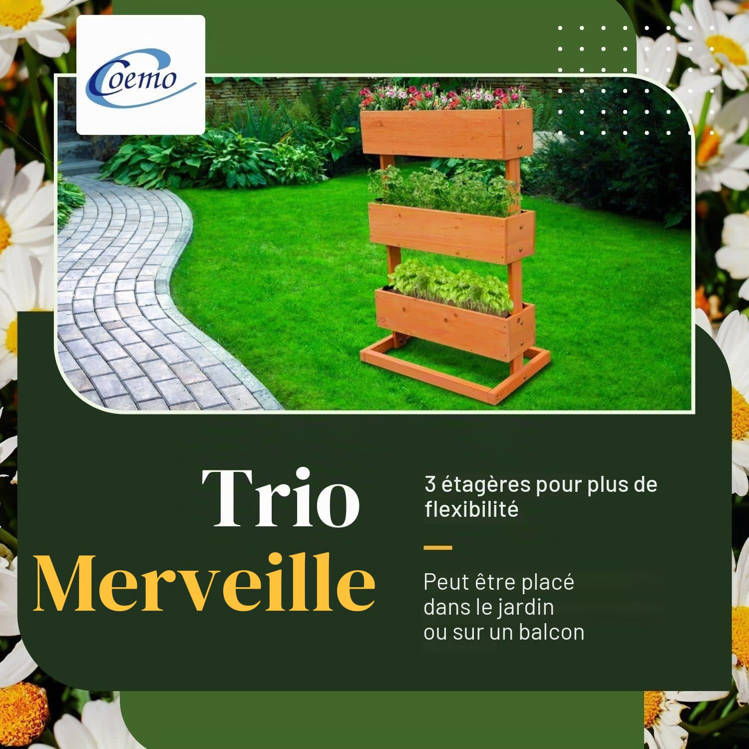 Coemo Jardinière Verticale surélevée à 3 étages - Escalier de Fleurs - Parterre d'herbes prématurées - Jardinière avec Film de Plantation - 49 x 30 x 75 cm - pour terrasse, Balcon et Jardin d'hiver